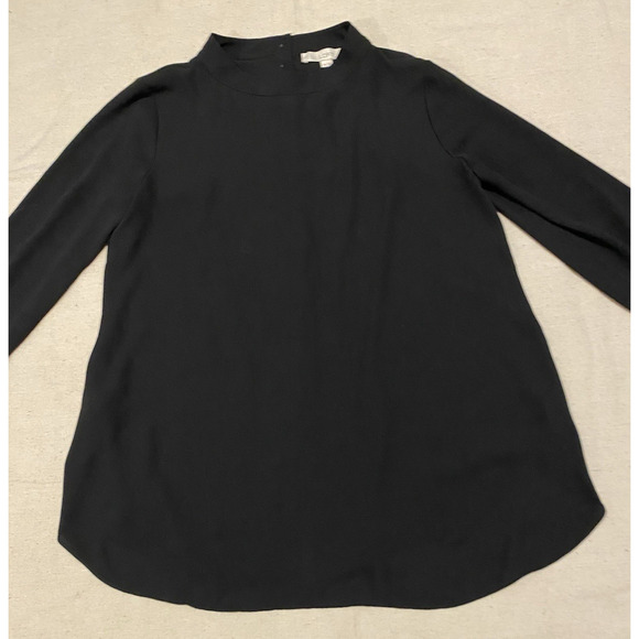 Loft Blouse Womens Size Medium Black Buttons Up Back High Neck Silky Tunic Top - Picture 6 of 15